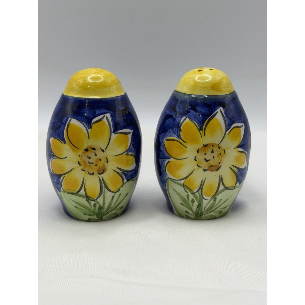 Salt and Pepper Shakers Royal Blue Ceramic w/ Yellow Sunflowers